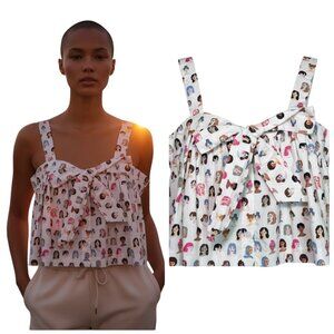 En Saison x Anthea Jacklin Face Print Bow Front Blouse Small NWT